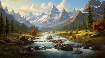 Fotobehang a tranquil river winding through a mountain valley, depicting the timeless beauty of nature's waterways © ra0