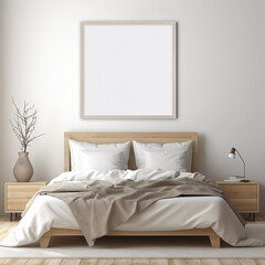 Modern bedroom interior in beige colors, art frame mock-up on the wall, ai generated