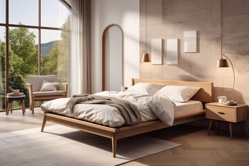 A image of Modern bedroom interior design with bed, sofa and coffee table. 3D Rendering Generative AI