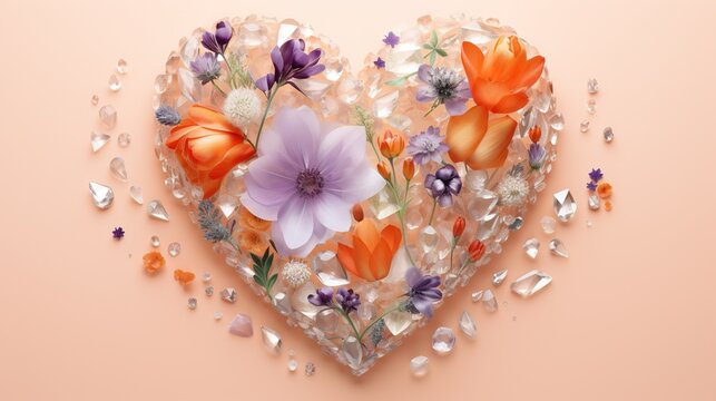  a heart - shaped arrangement of flowers and crystals on a peach background.  generative ai