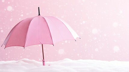  a pink umbrella sitting on top of a snow covered ground.  generative ai