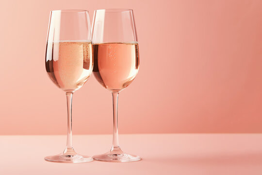 Two glasses of rose sparkling wine, champagne, prosecco on pastel pink background with copy space, ai generated
