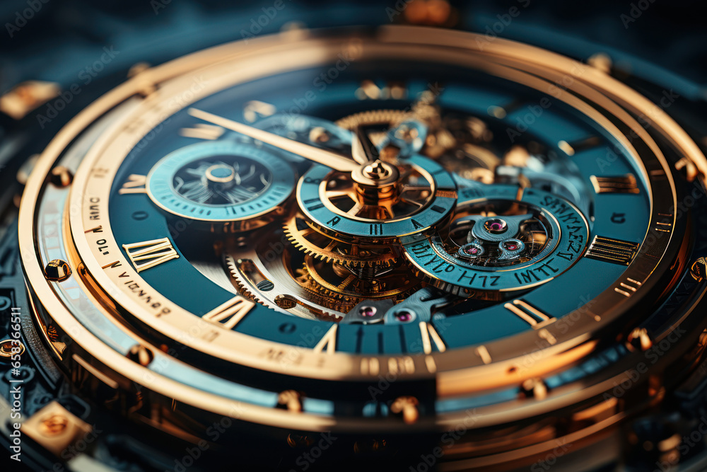 Poster a clock with intricate gears and cogs, highlighting the complexity of timekeeping mechanisms. concep