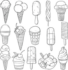 Ice cream drawing doodle collection. Illustration isolated on white background. line vector set 