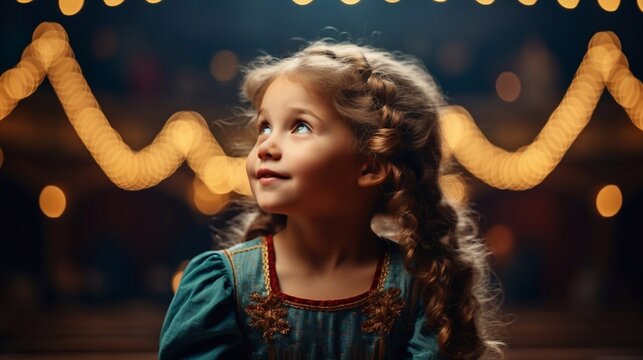 A photo of Cute little girl with braids in a red dress sitting in the auditorium. Generative AI