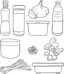 Kitchen stuff with spicy and herbs doodle. line vector set 