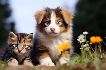 A photo of Shetland Sheepdog puppy and tabby kitten sitting on the grass Generative AI
