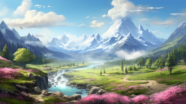 a valley during a tranquil spring afternoon, where the gentle breeze carries the scent of blooming flowers and new beginnings