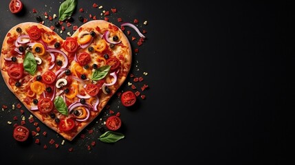  a heart shaped pizza with tomatoes, onions, onions and basil.  generative ai