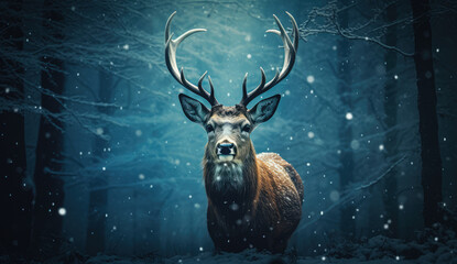Deer, pompous powerful animal with horns in the forest on snow during winter snowy days.