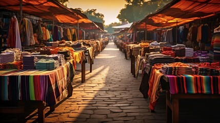 a vibrant outdoor market with stalls overflowing with colorful fabrics, capturing the essence of local textile traditions - obrazy, fototapety, plakaty