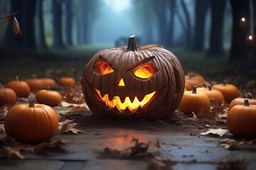Halloween pumpkins on the ground in the forest, Halloween concept Generative AI