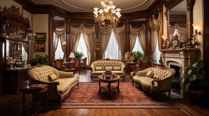 Fototapeta na wymiar a Victorian-style sitting room with ornate furniture and classic elegance, evoking the charm of a bygone era