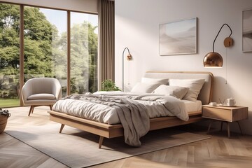 Modern bedroom interior design with bed, sofa and coffee table. 3D Rendering Generative AI