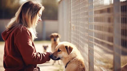 stockphoto, Pet adoption. Woman choosing dog from animal shelter. Cute abandoned and rescued retriever in dog pound. Welcoming a Shelter Dog to the Family - Rescue Dog, New Family, Anti Abuse, Anti An - obrazy, fototapety, plakaty