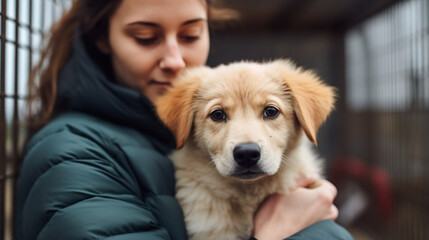 stockphoto, Pet adoption. Woman choosing dog from animal shelter. Cute abandoned and rescued retriever in dog pound. Welcoming a Shelter Dog to the Family - Rescue Dog, New Family, Anti Abuse, Anti An