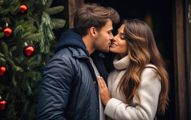 Beautiful couple in love are kissing under the mistletoe