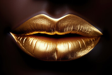 Closeup of golden lipstick. Makeup with metal gold lips. Generative AI illustration