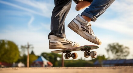 skateboarder jumping on the ground, skateboarder in action, close-up of skateboarder, skateboarder with skateboard in the park, skateboarder doing tricks with skateboard - obrazy, fototapety, plakaty