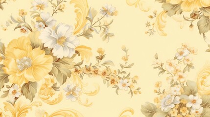  a yellow floral wallpaper with white and yellow flowers on it.  generative ai