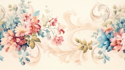  a painting of flowers painted on a white wall with blue and pink flowers. generative ai