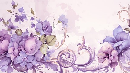  a painting of purple flowers on a light pink background with swirls.  generative ai