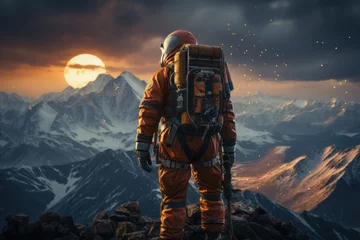 Tuinposter Astronauts on Mars with the red planet's landscape in the background, symbolizing humanity's dreams of interplanetary exploration. Concept of Martian expeditions. Generative Ai. © Sebastian