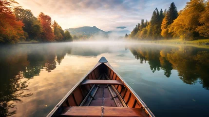 Selbstklebende Fototapete Berge Sunrise on lake from canoe during autumn morning - Generated Ai