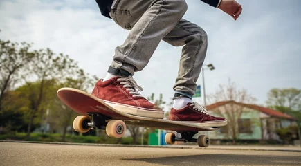 Fotobehang skateboarder jumping on the ground, skateboarder in action, close-up of skateboarder, skateboarder with skateboard in the park, skateboarder doing tricks with skateboard © Gegham