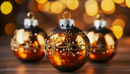 Beautiful golden colored christmas baubles ornament on blurred glowing background. Festive xmas banner.
