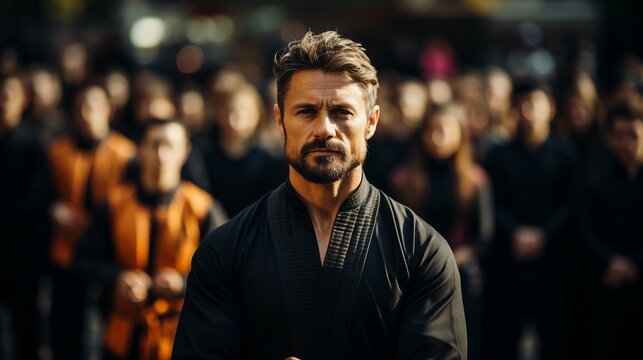 Martial Arts Instructor Training with His Students