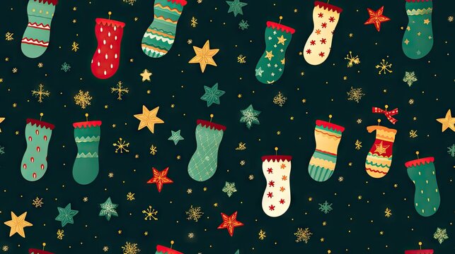  a pattern of christmas stockings and stars on a black background.  generative ai