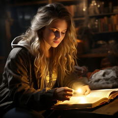 A woman is reading an open book by flashlight - obrazy, fototapety, plakaty