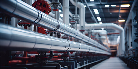 steel, plant, train, industry, engine, factory, technology, industrial,closeup of industrial pipelines around a factor on a sunny day, generative AI - obrazy, fototapety, plakaty