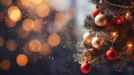 Obraz na płótnie Canvas A Christmas tree adorned with ornaments against a soft-focus backdrop..