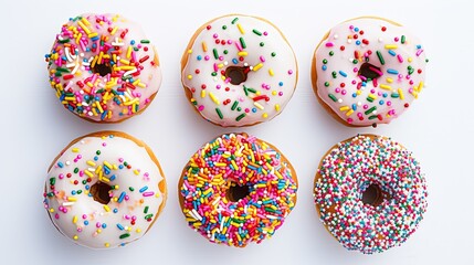 An assortment of donuts covered with colorful glaze and sprinkles at a candy store. Make your choice. A sweet for breakfast. Illustration for banner, poster, cover, brochure, advertising or marketing.