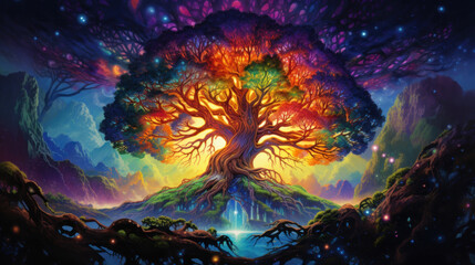 Colorful Psychedelic Yggdrasil Norse Mythology's Vibrant Tree of Life In A Fantasy World. Vivid Fairytale Landscape And Background. Generative AI - obrazy, fototapety, plakaty