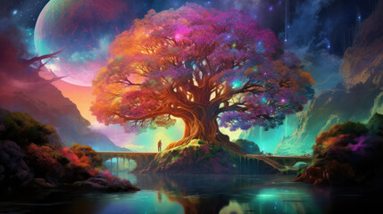 Obraz na płótnie Canvas Fantasy Psychedelic Yggdrasil Tree Of Life Of Viking And Norse Mythology With Radiant Colors And Cosmic. Vivid Fairytale Landscape And Background. Generative AI