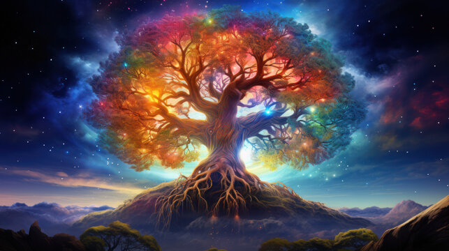 Vivid Psychedelic Yggdrasil Tree Of Life And World Tree Of Viking Mythology With Radiant Colors. Fairytale Landscape And Background. Generative AI