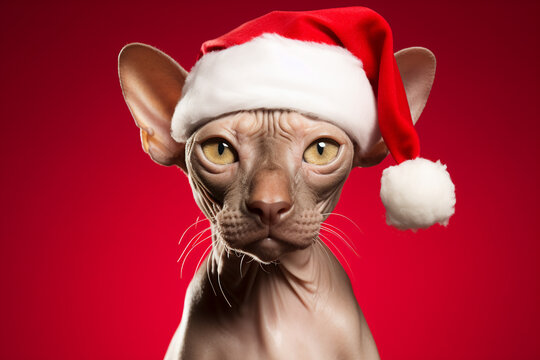sphynx cat wearing Santa's hat on a red background, studio shot