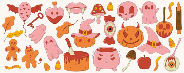 Big Halloween hand drawn set. Cute creepy and kawaii spooky elements. Retro cartoon style. Groovy clipart collection. Monsters mascot. Witch's cauldron, pumpkin, ghost, skull, poison, hat, mushroom.