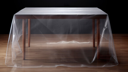 An elegant transparent tablecloth rests lightly on a table. Natural beauty of the table with a refined transparent plastic tablecloth. Transparent tablecloth.