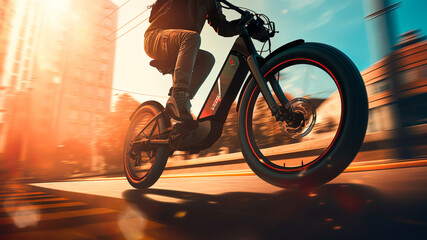 Cyclist riding e-bike through city ,view on bike and legs,