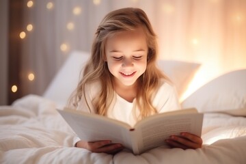 Girl reading a book in bed before going to sleep.