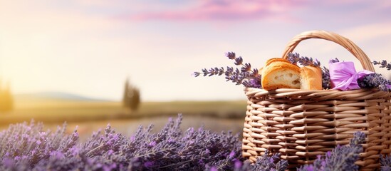 Romantic picnic with delicious food in a lavender field with a wicker basket