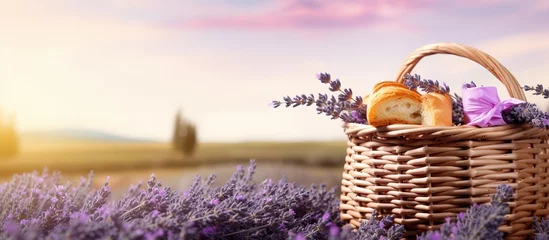 Fototapeten Romantic picnic with delicious food in a lavender field with a wicker basket © AkuAku