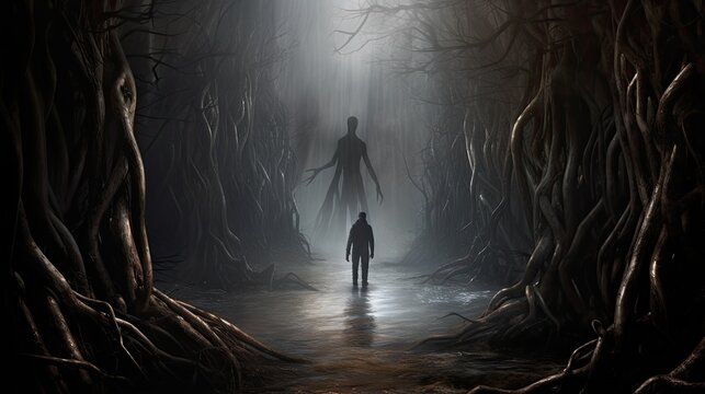 A lone figure in an eerie place. The concept of loneliness. Wandering in the darkness. Concept of supernatural.