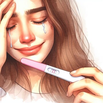 Watercolor painting, pregnant woman crying with happiness, holding a positive pregnancy test.