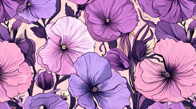 a bunch of purple and pink flowers on a pink background.  generative ai