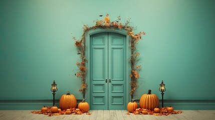  a room with a door and a bunch of pumpkins.  generative ai